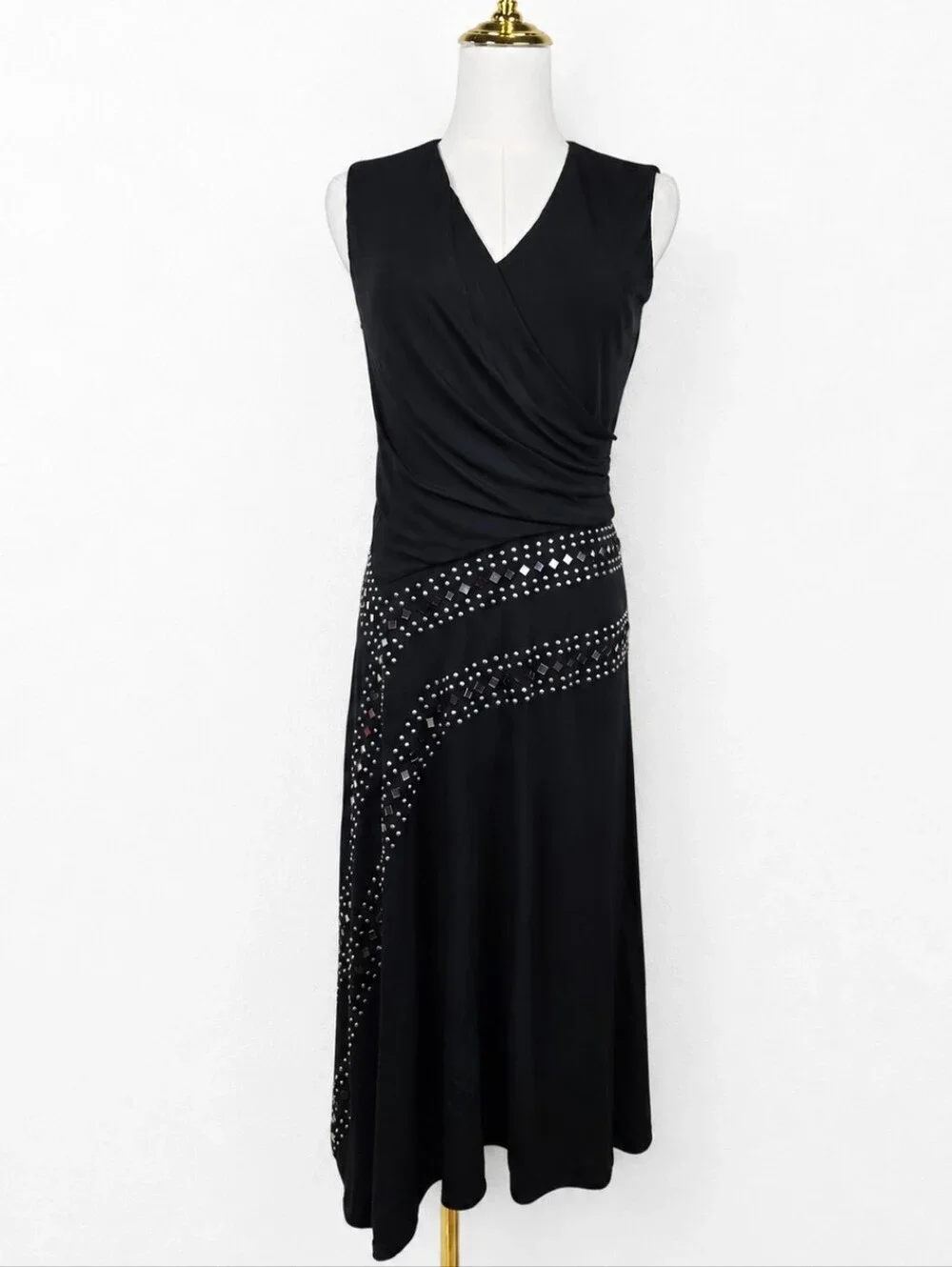 Tory Burch XS Black Studded Mirror Embellished Y2K Asymmetrical Dress Whimsigoth